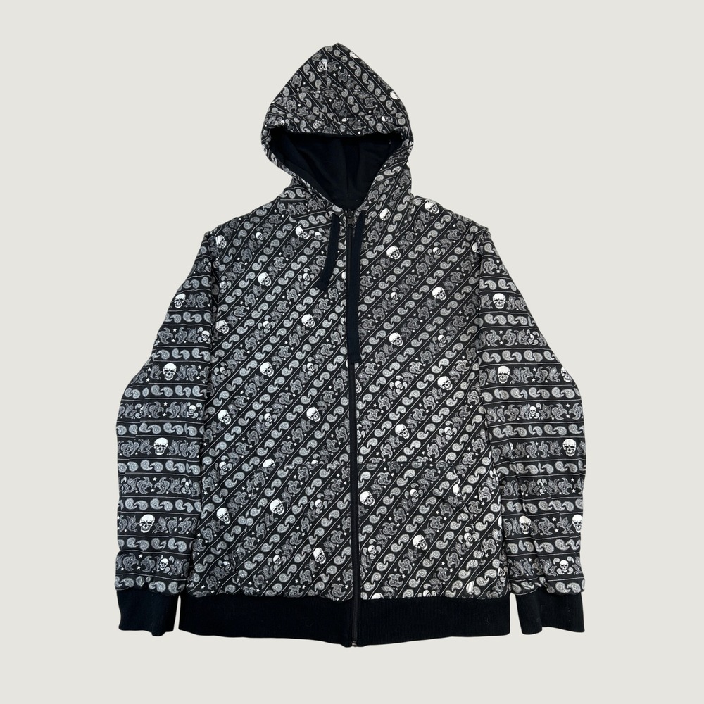 Reversible Hoodie Mens L Black Skull Paisley Print Full Zip Jacket Grunge Skater